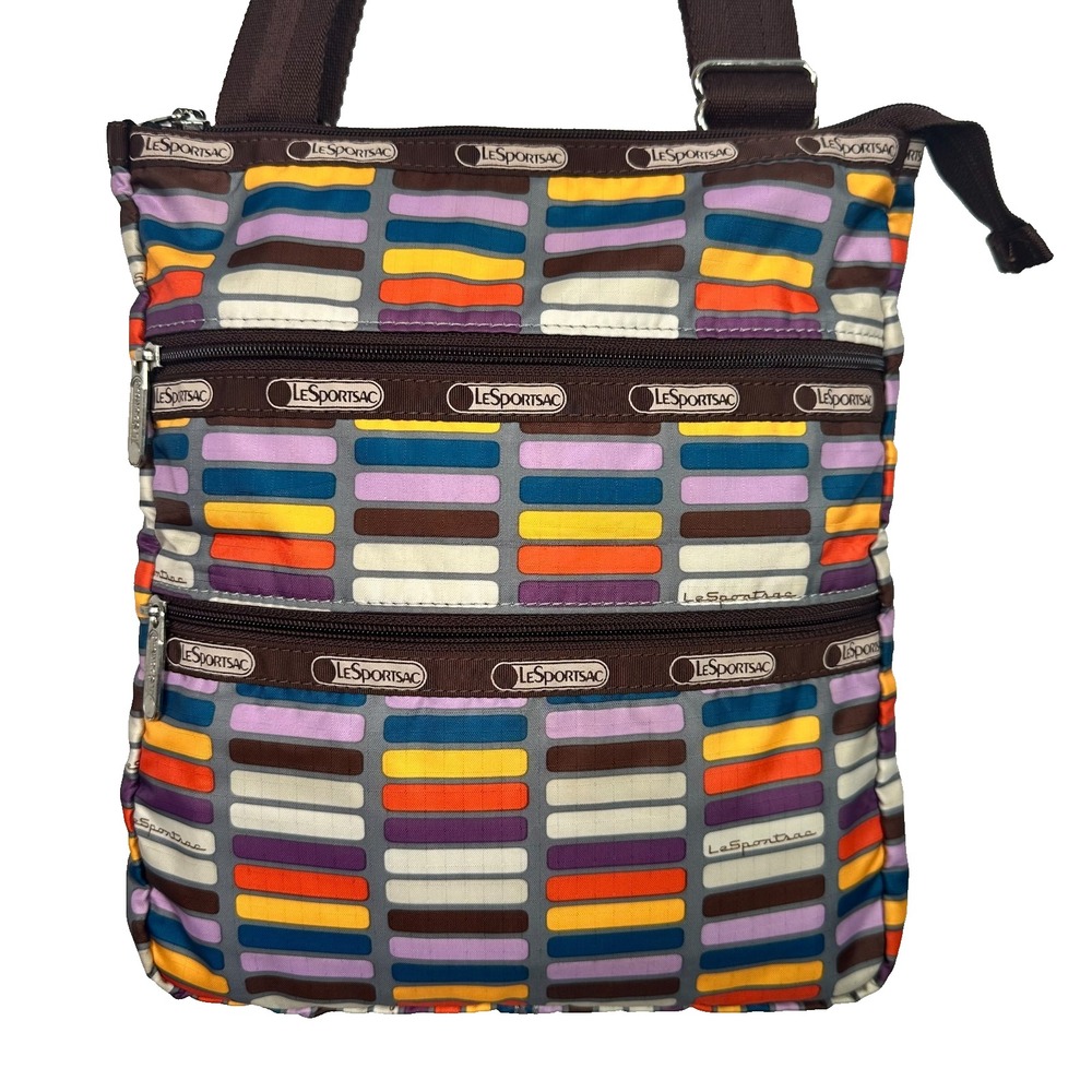 LeSportsac Crossbody Bag Multicolor Stripe Triple Zip Nylon Y2K Adjustable